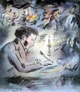 Пушкин пишет в Болдино при свече